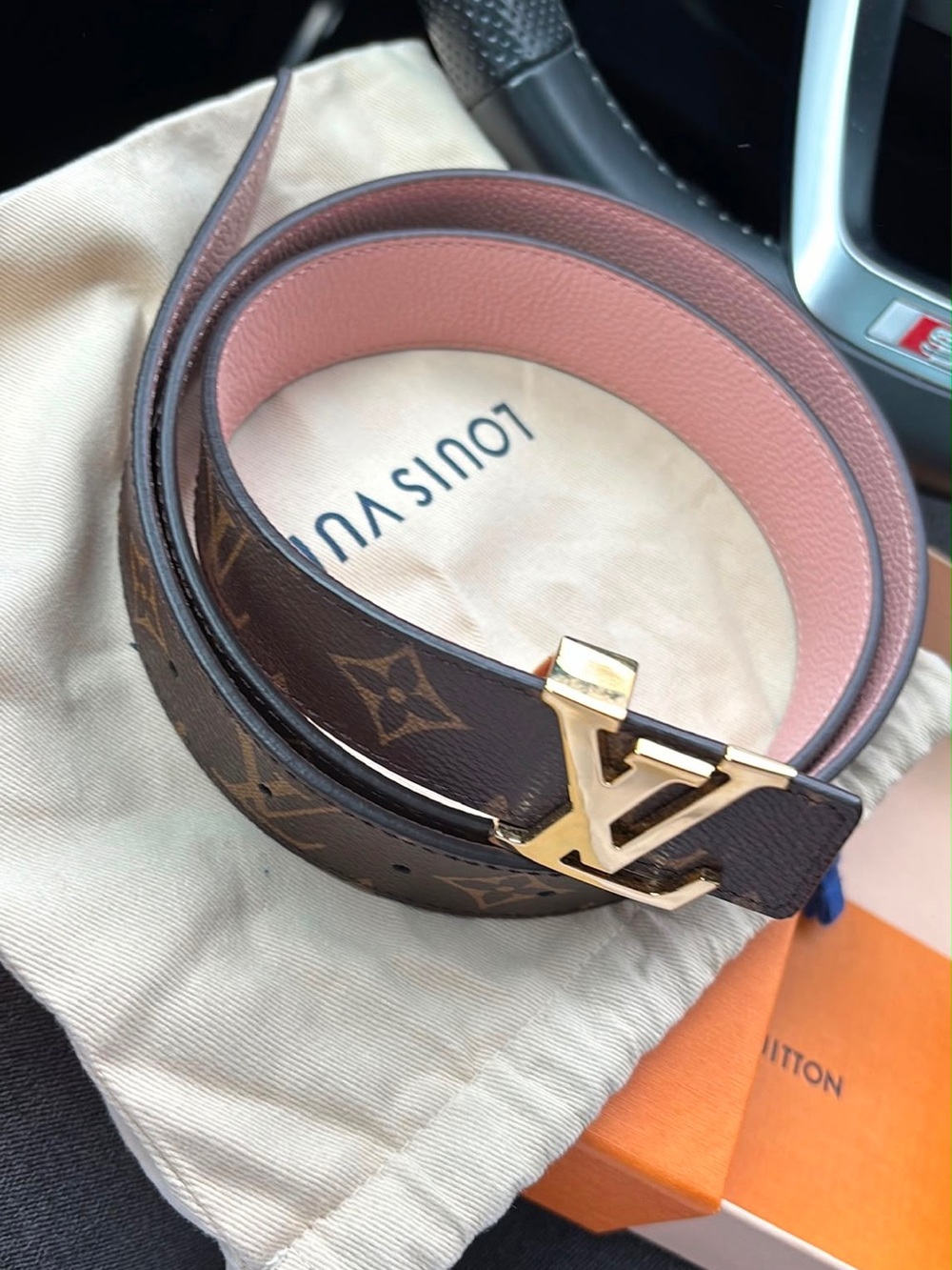 Louis Vuitton Monogram Belt with Pink Interior and Gold LV Buckle